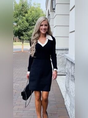 Express Black V-Neck Knit Sweater Top with Cream Collar and Cuff Trim